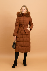 Alicja | Long quilted jacket with a belt and fur collar 0