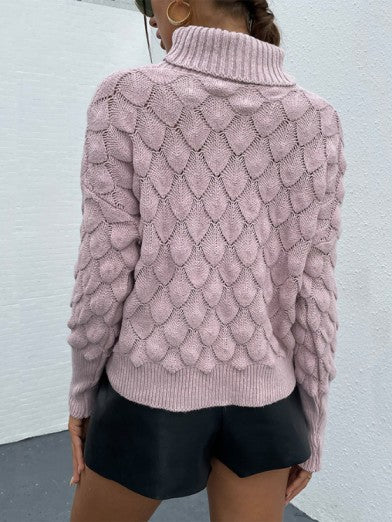 Modern Women's Turtleneck Sweater in Soft Knit with Rhombus Pattern – Cozy Slim Fit in Delicate Pink 3