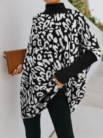 Leopard Print Oversized Sweater for Women – Soft Mock Neck Knitwear with Casual Elegance 1