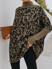 Leopard Print Oversized Sweater for Women – Soft Mock Neck Knitwear with Casual Elegance 2