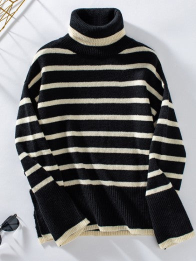 Womens Oversized Black Turtleneck Sweater - Cozy Knit for Fall and Winter 2