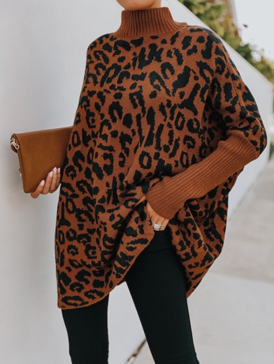Leopard Print Oversized Sweater for Women – Soft Mock Neck Knitwear with Casual Elegance 3