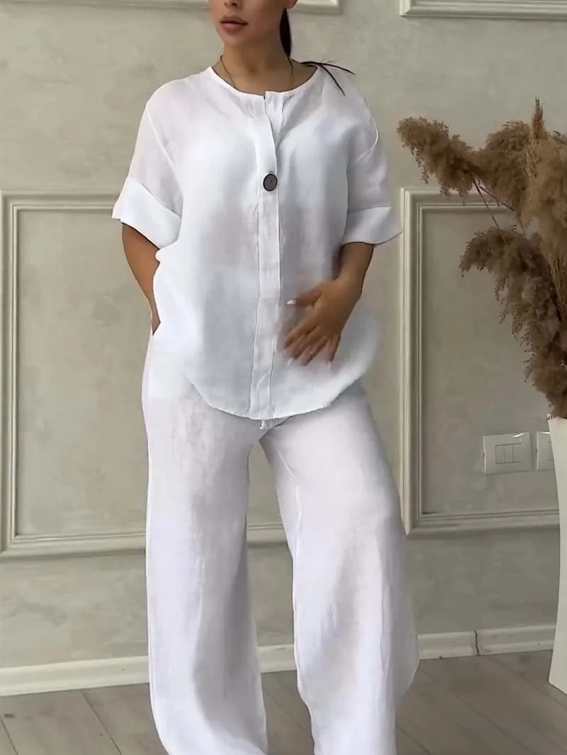 Women's Loungewear Set - Casual Cotton and Linen V-Neck Top with Wide Pants, Relaxed Fit, Lightweight and Breathable for Everyday Wear 9