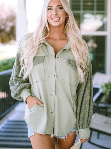 Womens Green Oversized Shacket with Exposed Seams and Elbow Patches 1