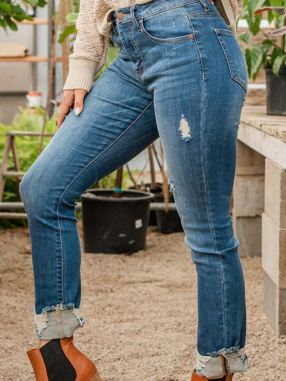 Slim Fit Ripped Women's Jeans – Trendy Blue Casual Pants with Mid-Rise Waist and Functional Pockets 3