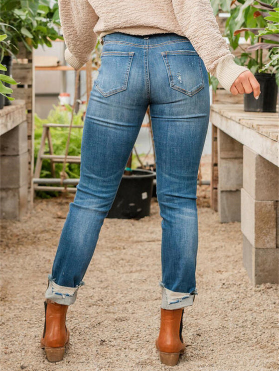 Slim Fit Ripped Women's Jeans – Trendy Blue Casual Pants with Mid-Rise Waist and Functional Pockets 4