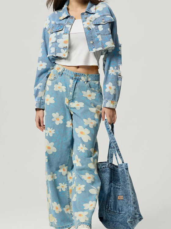 Stylish vintage wide leg floral jeans 5