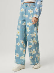 Stylish vintage wide leg floral jeans 4