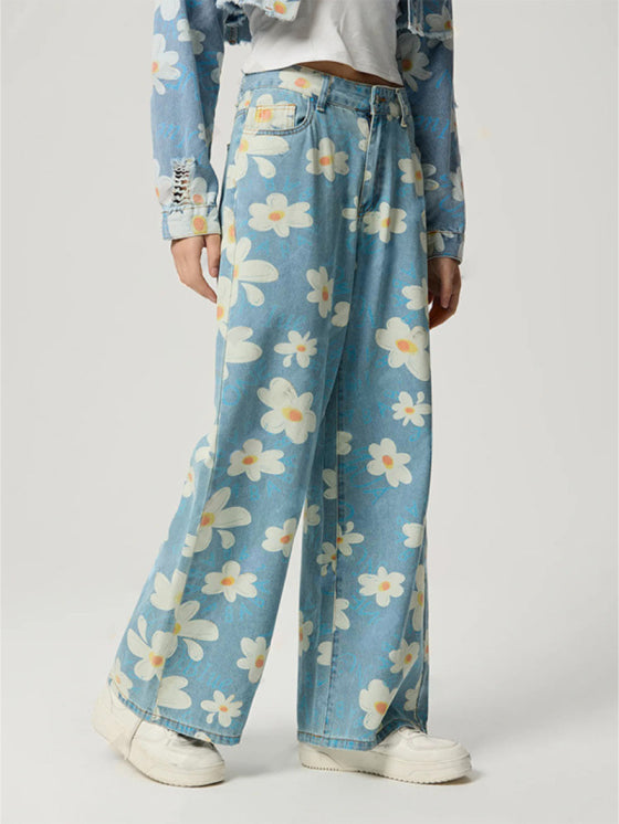 Stylish vintage wide leg floral jeans 3