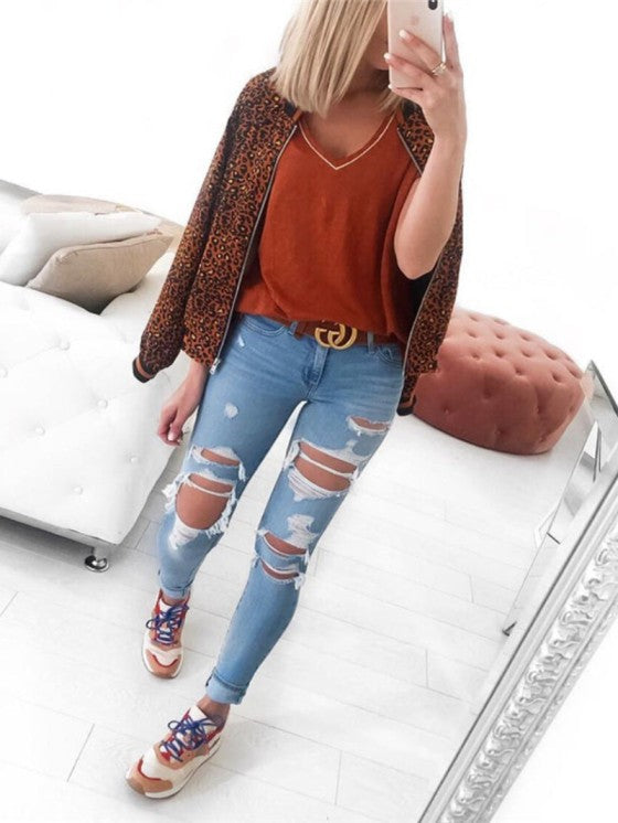 Womens Leopard Print Biker Jacket – Soft Polyester, Long Sleeves, Slim Fit for Autumn Winter Fashion 2