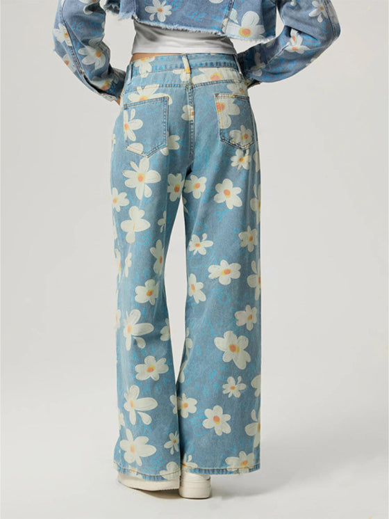 Stylish vintage wide leg floral jeans 2