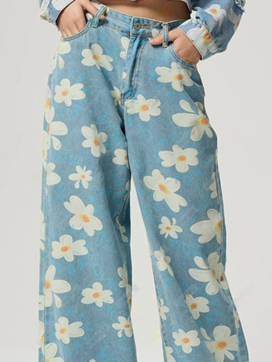 Stylish vintage wide leg floral jeans 1