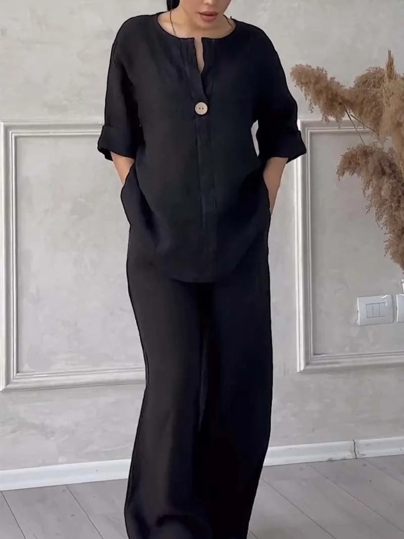 Women's Loungewear Set - Casual Cotton and Linen V-Neck Top with Wide Pants, Relaxed Fit, Lightweight and Breathable for Everyday Wear 8