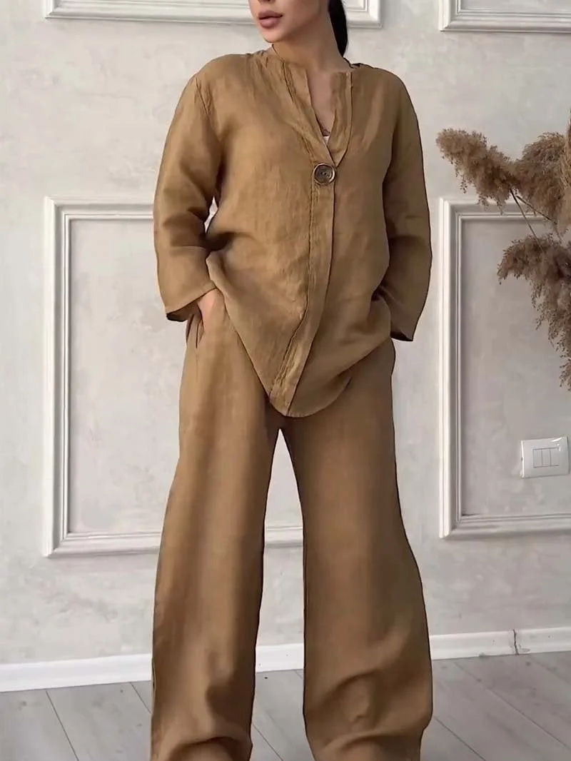 Women's Loungewear Set - Casual Cotton and Linen V-Neck Top with Wide Pants, Relaxed Fit, Lightweight and Breathable for Everyday Wear 7