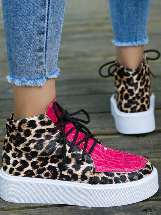Womens High Top Leopard Print Platform Lace-Up Casual Shoes – Comfortable Ankle Support and Trendy Design 2