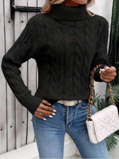 Women's Black Cable Knit Turtleneck Sweater – Cozy Medium-Weight Winter Knitwear for Casual and Semi-Formal Style 3