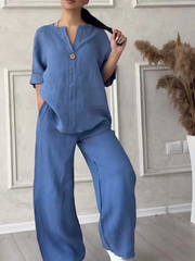 Women's Loungewear Set - Casual Cotton and Linen V-Neck Top with Wide Pants, Relaxed Fit, Lightweight and Breathable for Everyday Wear 1