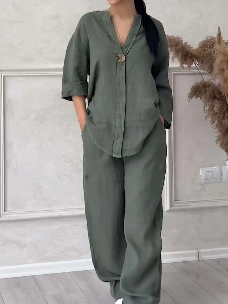 Women's Loungewear Set - Casual Cotton and Linen V-Neck Top with Wide Pants, Relaxed Fit, Lightweight and Breathable for Everyday Wear 6