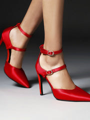 Stiletto Heel Pumps with Buckle Strap and Openwork Design 1