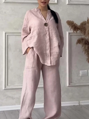 Women's Loungewear Set - Casual Cotton and Linen V-Neck Top with Wide Pants, Relaxed Fit, Lightweight and Breathable for Everyday Wear 4