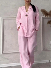 Women's Loungewear Set - Casual Cotton and Linen V-Neck Top with Wide Pants, Relaxed Fit, Lightweight and Breathable for Everyday Wear 3