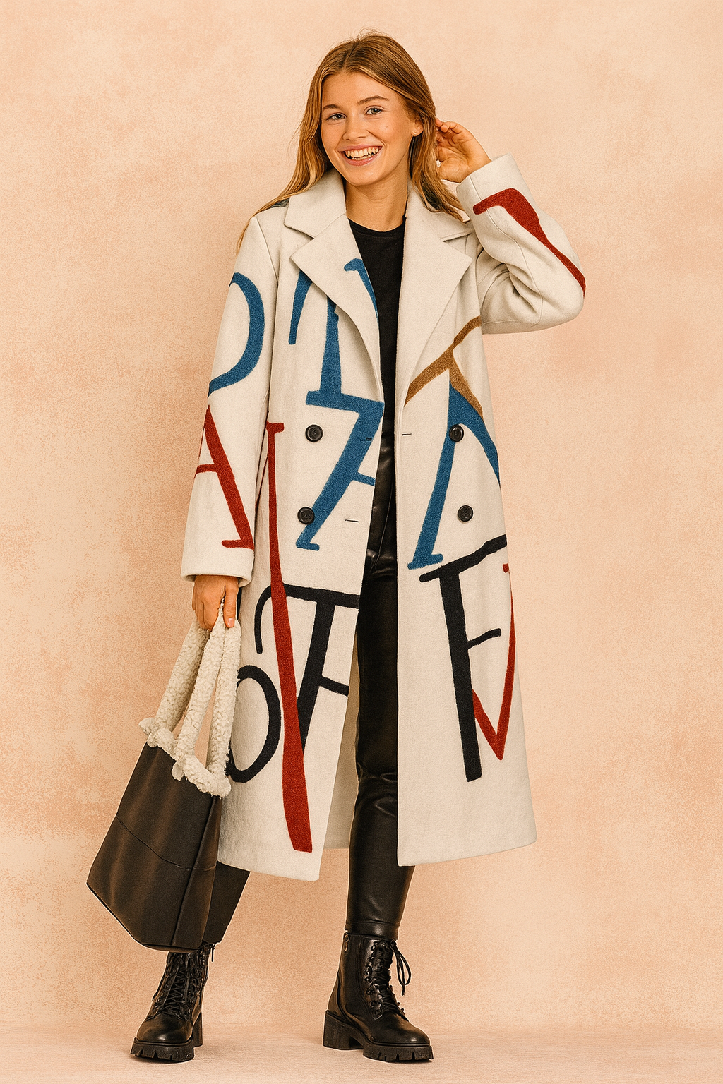 Aya | Long Coat with Geometric Accent 0