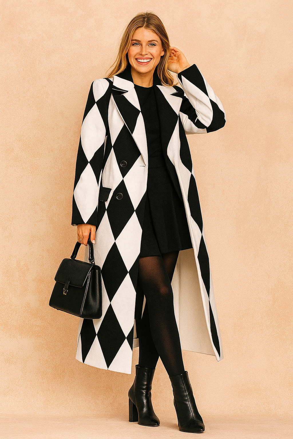 Aya | Long Coat with Geometric Accent 1
