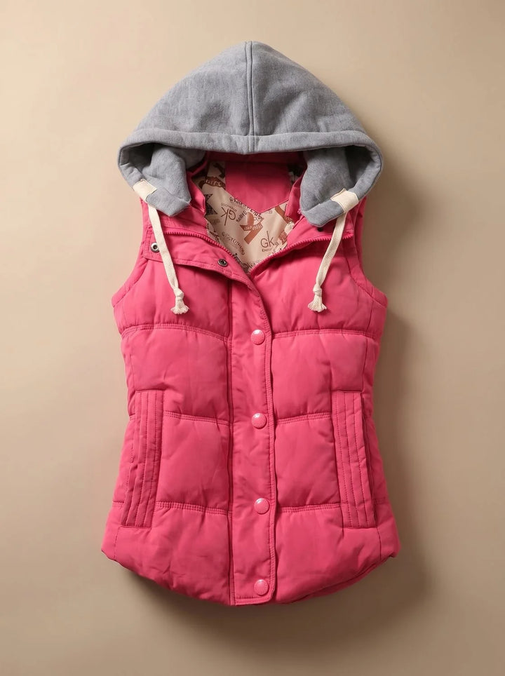 Charlotte | Damen Wattierter Bodywarmer mit Kontrastkapuze Druckknopfleiste 0