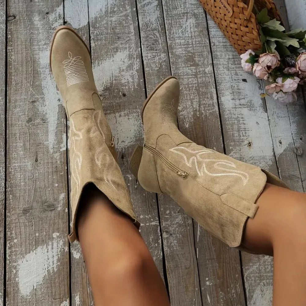 Cowboy Stiefel | Retro Chunky Heel Spitzstiefel mit stylischem Seitenreißverschluss 1