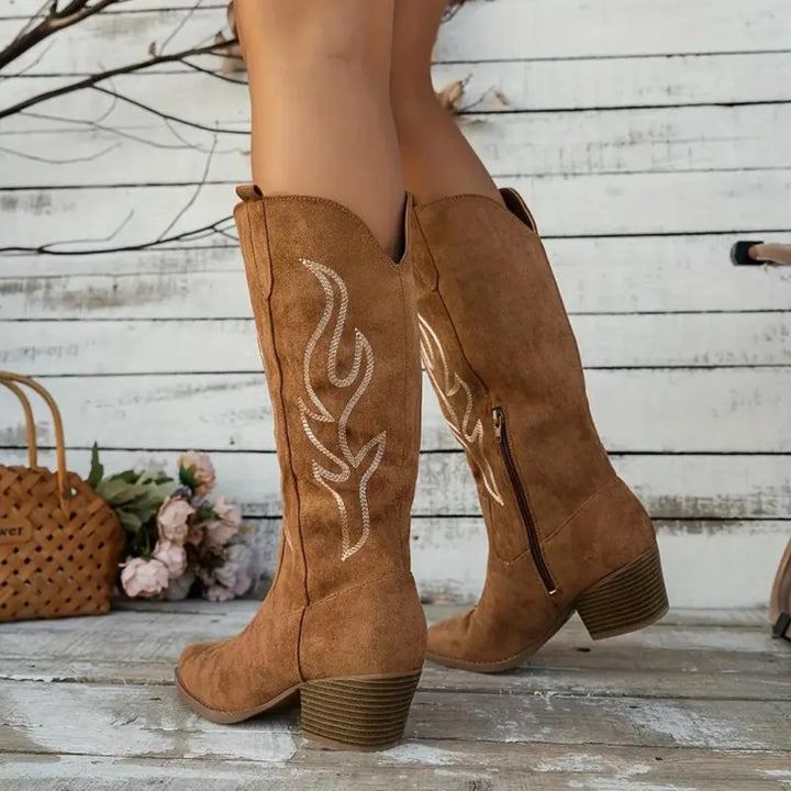 Cowboy Stiefel | Retro Chunky Heel Spitzstiefel mit stylischem Seitenreißverschluss 2