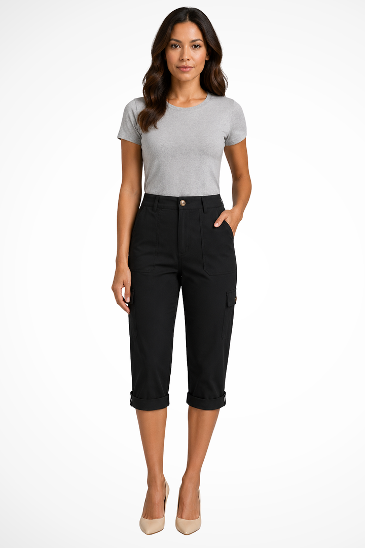 Cropped Women's Cargo Trousers with Roll Up Hem for Versatile Style and Practical Storage 0