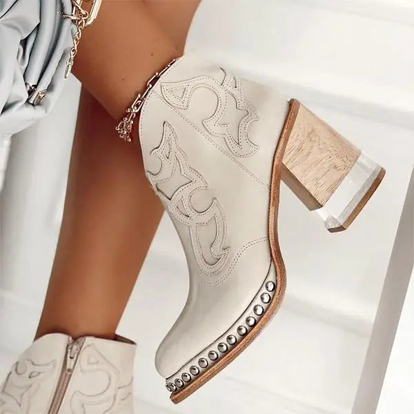 Damen-Lederstiefel mit besticktem Muster und Blockabsatz 0