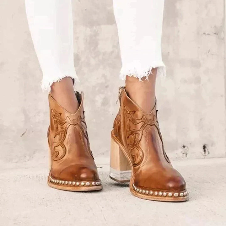 Damen-Lederstiefel mit besticktem Muster und Blockabsatz 2