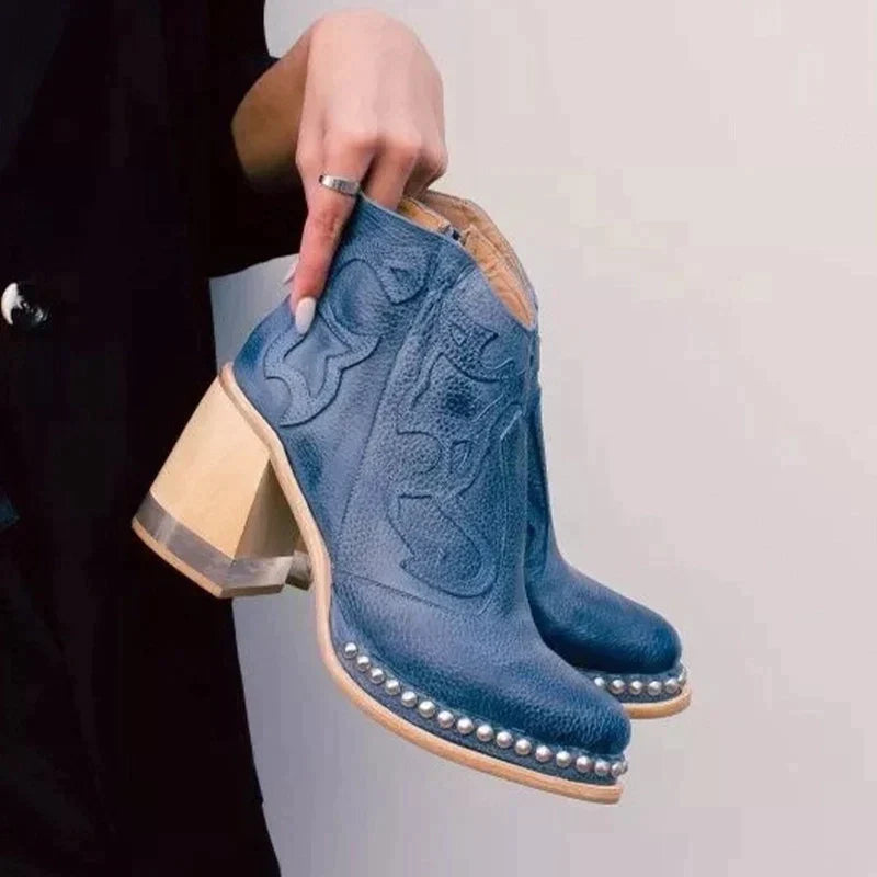 Damen-Lederstiefel mit besticktem Muster und Blockabsatz 3