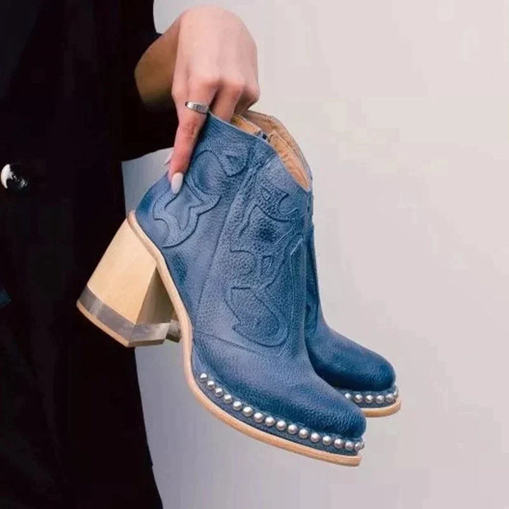 Damen-Lederstiefel mit besticktem Muster und Blockabsatz 3