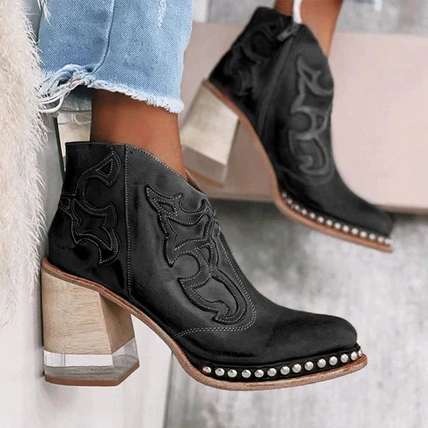 Damen-Lederstiefel mit besticktem Muster und Blockabsatz 4