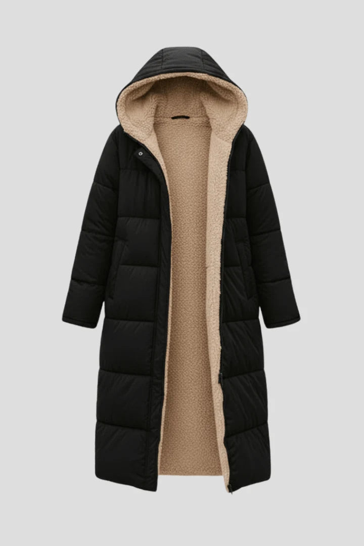 Damen lange Pufferjacke mit Kapuze 1