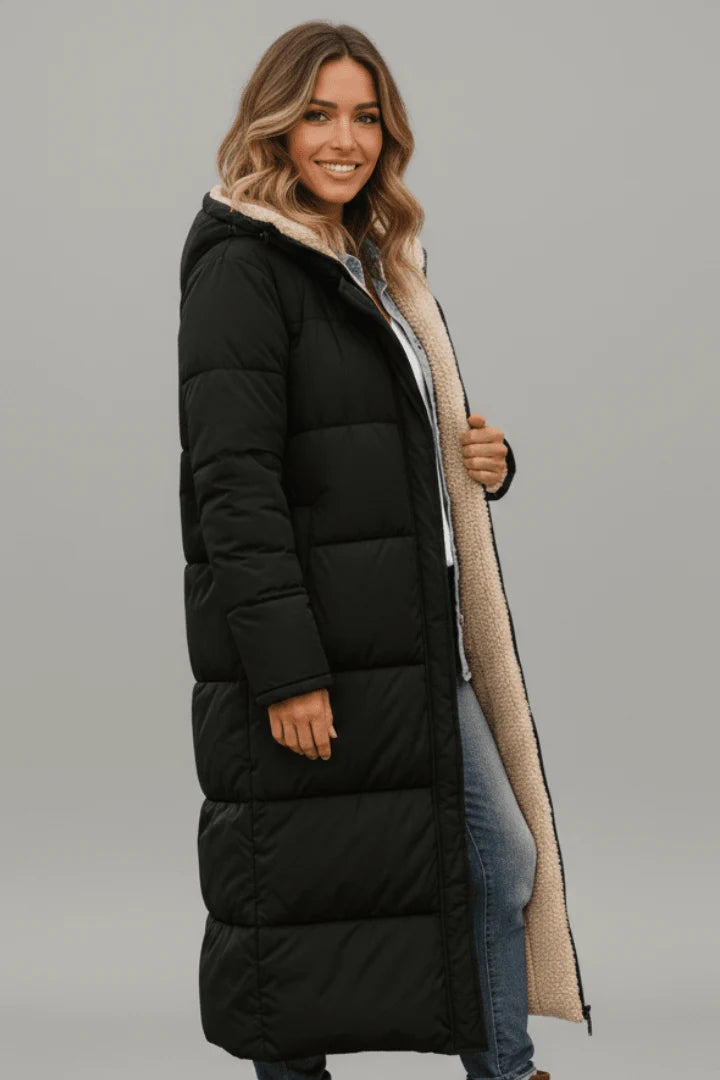 Damen lange Pufferjacke mit Kapuze 2