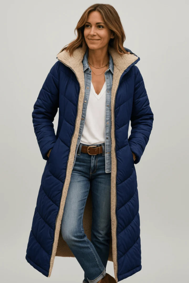 Damen lange Pufferjacke mit Kapuze 4