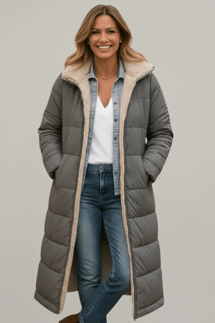 Damen lange Pufferjacke mit Kapuze 5