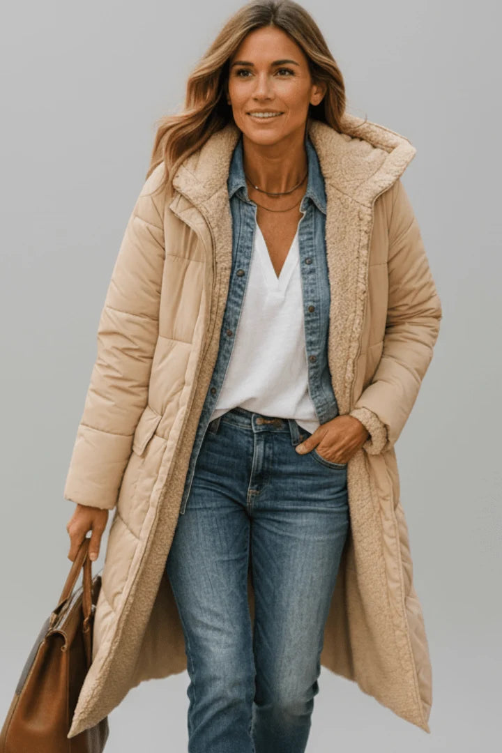 Damen lange Pufferjacke mit Kapuze 9