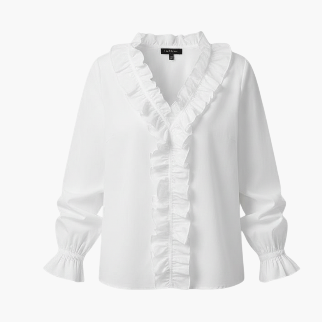 Elegant Women's Blouse with V-Neck and Ruffle Detail, Long Sleeve Tops for Versatile Styling 1