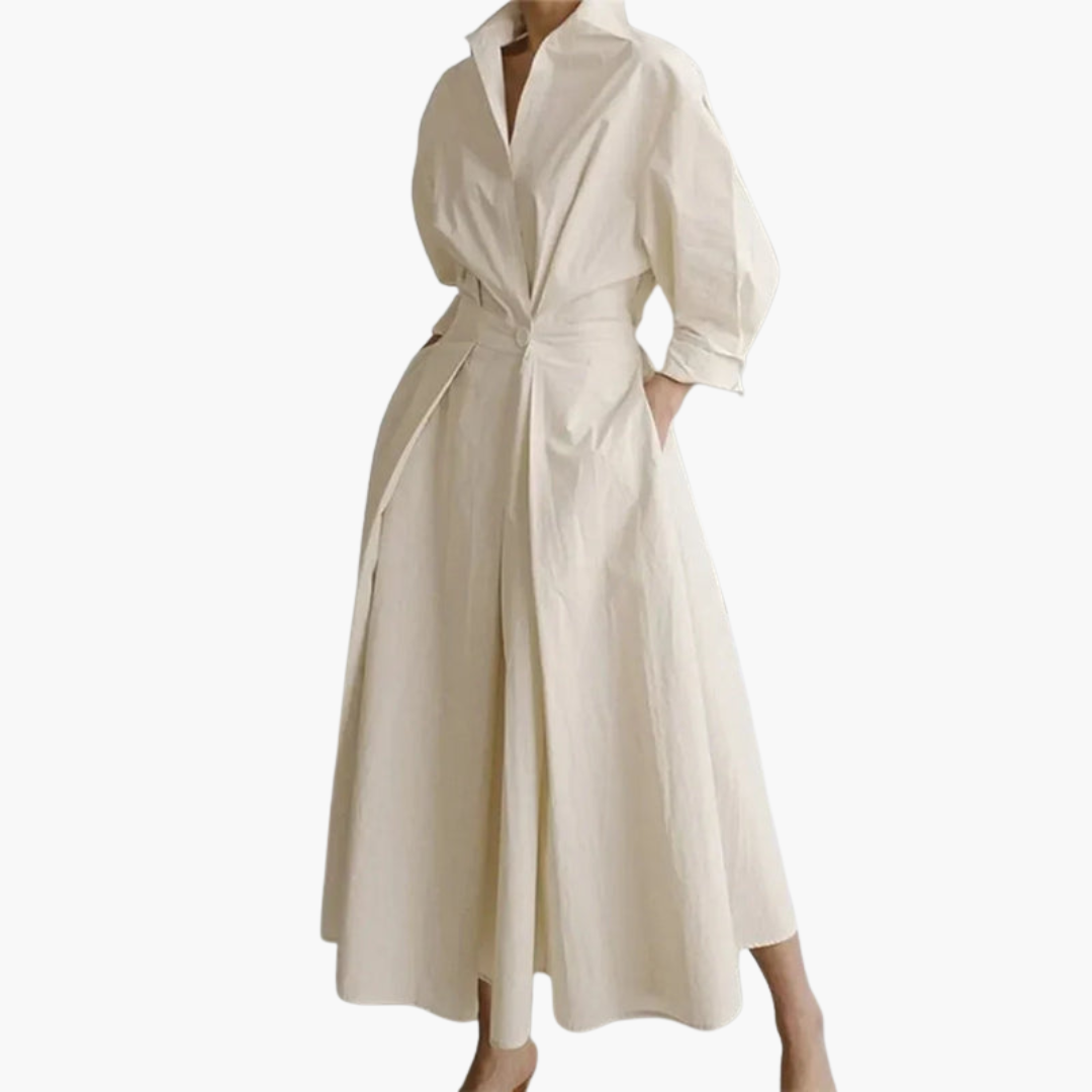 Elegant Women's Long Shirt Dress with Defined Waist and Button Front - Perfect for Formal Events and Chic Occasions 0