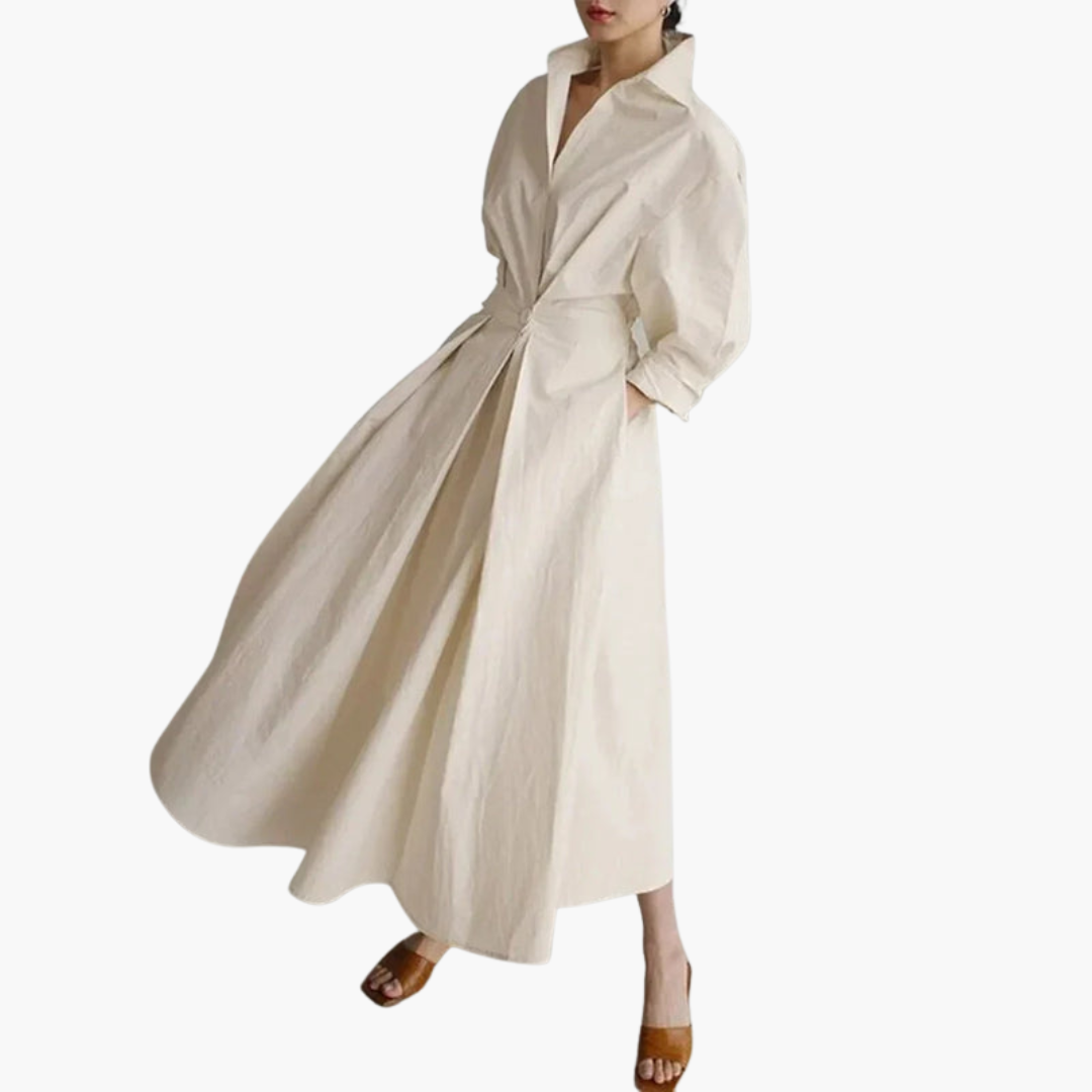Elegant Women's Long Shirt Dress with Defined Waist and Button Front - Perfect for Formal Events and Chic Occasions 2