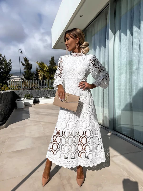 Elegant Women's Midi Dress with High Neck, Long Sleeves, and Flared Skirt - Perfect Formal Cocktail Dress 2