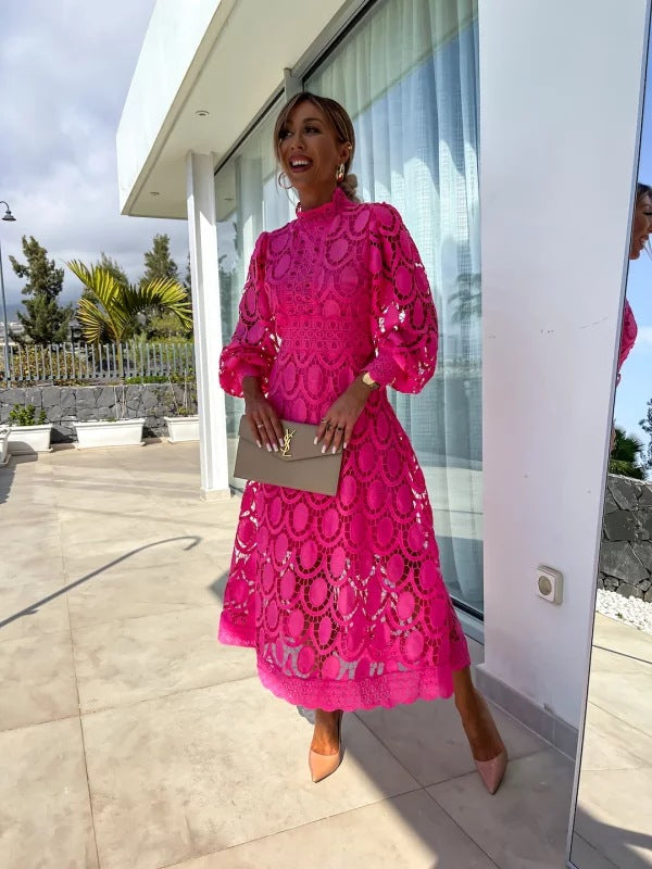 Elegant Women's Midi Dress with High Neck, Long Sleeves, and Flared Skirt - Perfect Formal Cocktail Dress 3