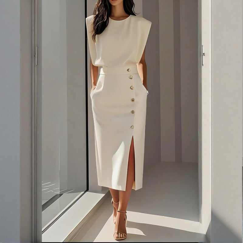 Elegant Women’s Midi Dress with Side Button Detail and Split Hem 0