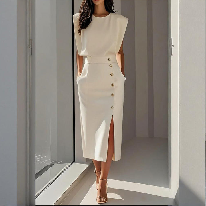 Elegant Women’s Midi Dress with Side Button Detail and Split Hem 0