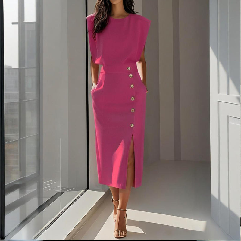 Elegant Women’s Midi Dress with Side Button Detail and Split Hem 5