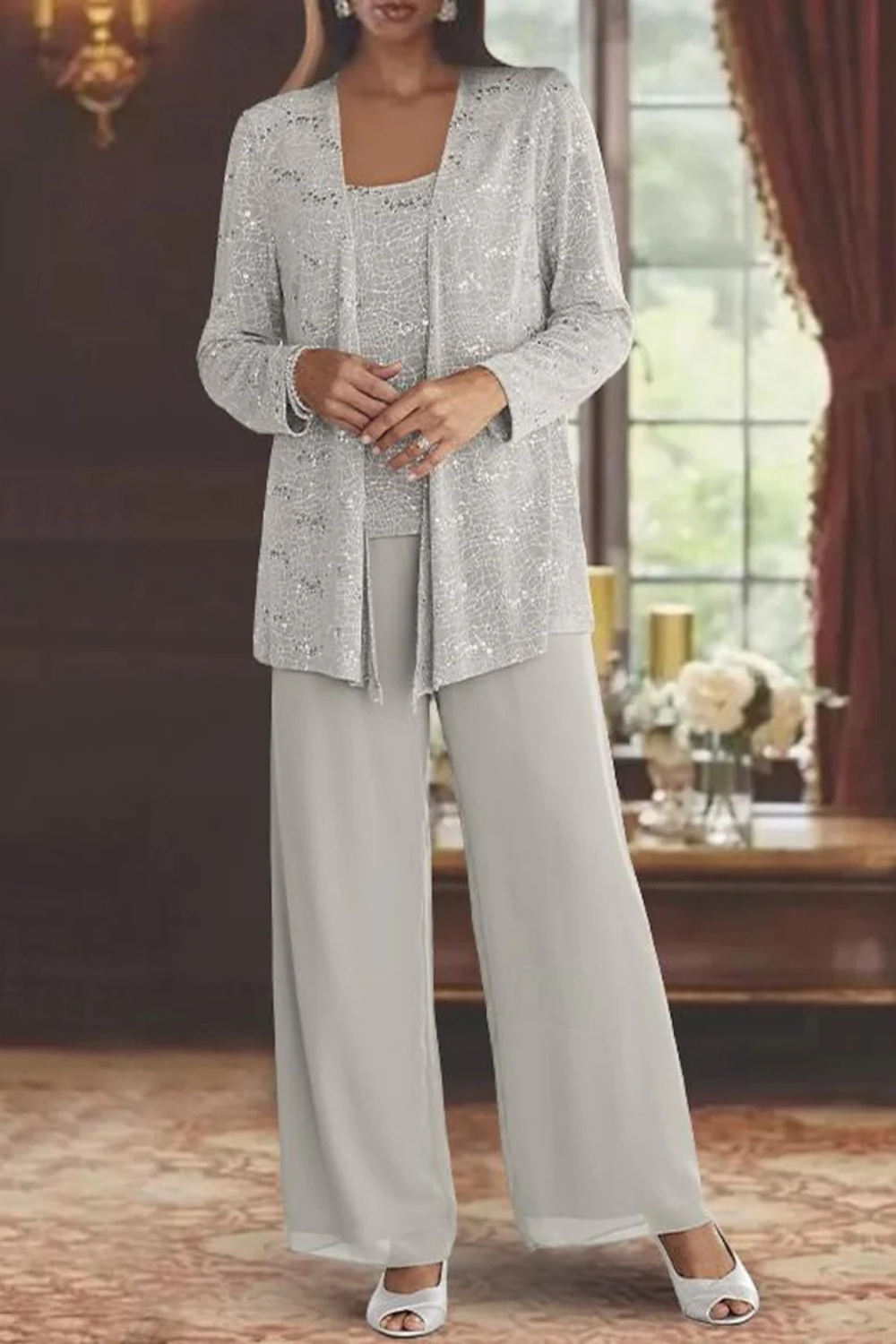 Elegant Women's Sequin Lace Jacket and Wide Leg Trouser Suit for Special Occasions 1